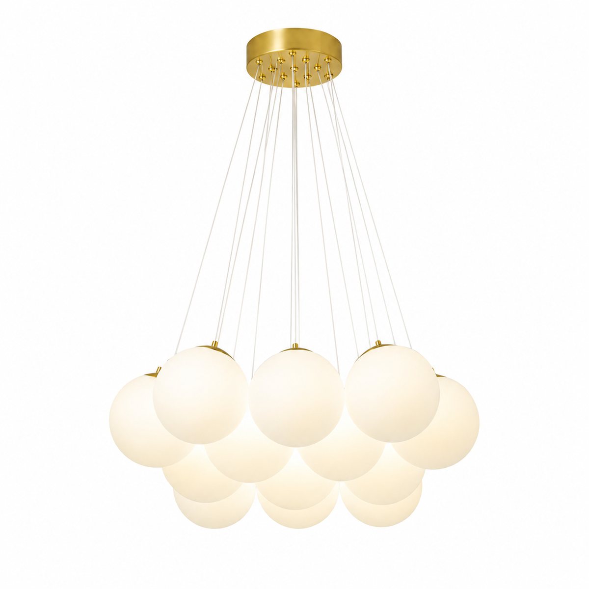 Multi-arm globe chandelier with gold round canopy and frosted globe cluster of five lights
