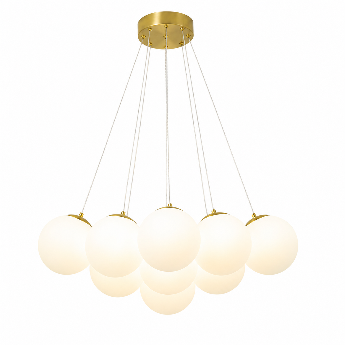 Multi-arm globe chandelier with gold canopy and eight hanging frosted glass globe lights