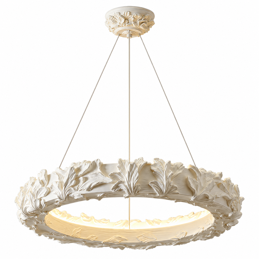 Leaf ring chandelier with round canopy and glowing white light under sculpted leaves