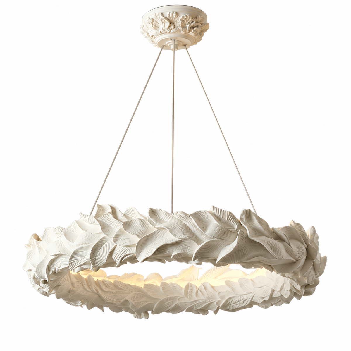 Ruffled leaf-ring chandelier with off-white fabric shade and three hanging cords
