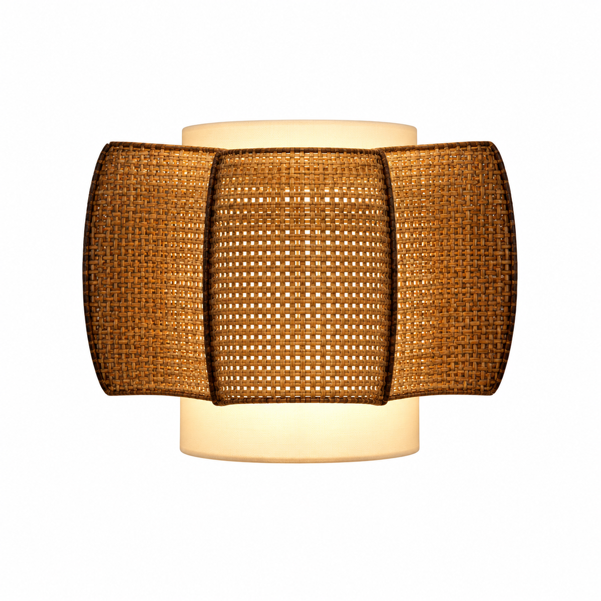 Woven rattan wall sconce with cylindrical beige shade and braided amber rattan panels