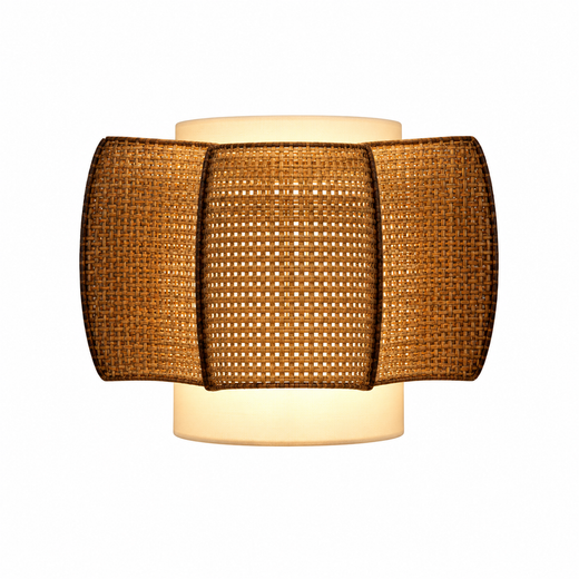 Woven rattan wall sconce with cylindrical beige shade and braided amber rattan panels