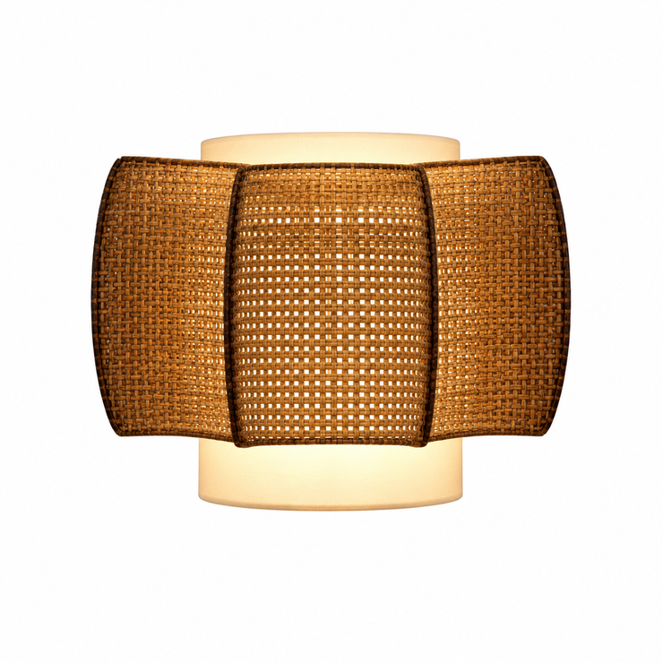 Woven rattan wall sconce with cylindrical beige shade and braided amber rattan panels