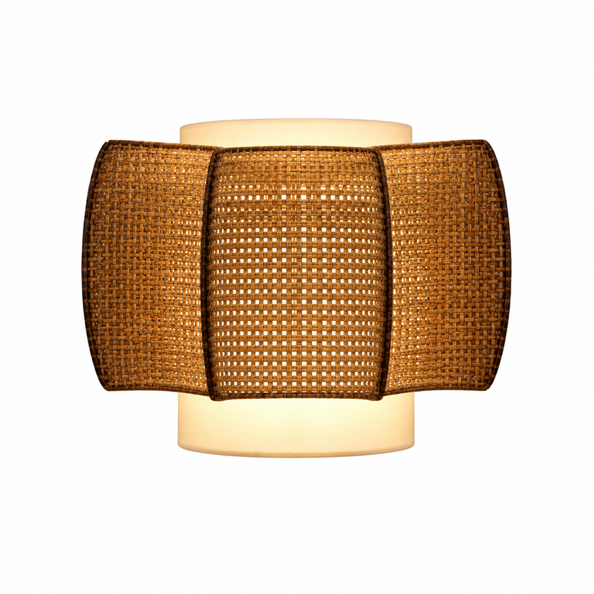 Woven rattan wall sconce with cylindrical beige shade and braided amber rattan panels