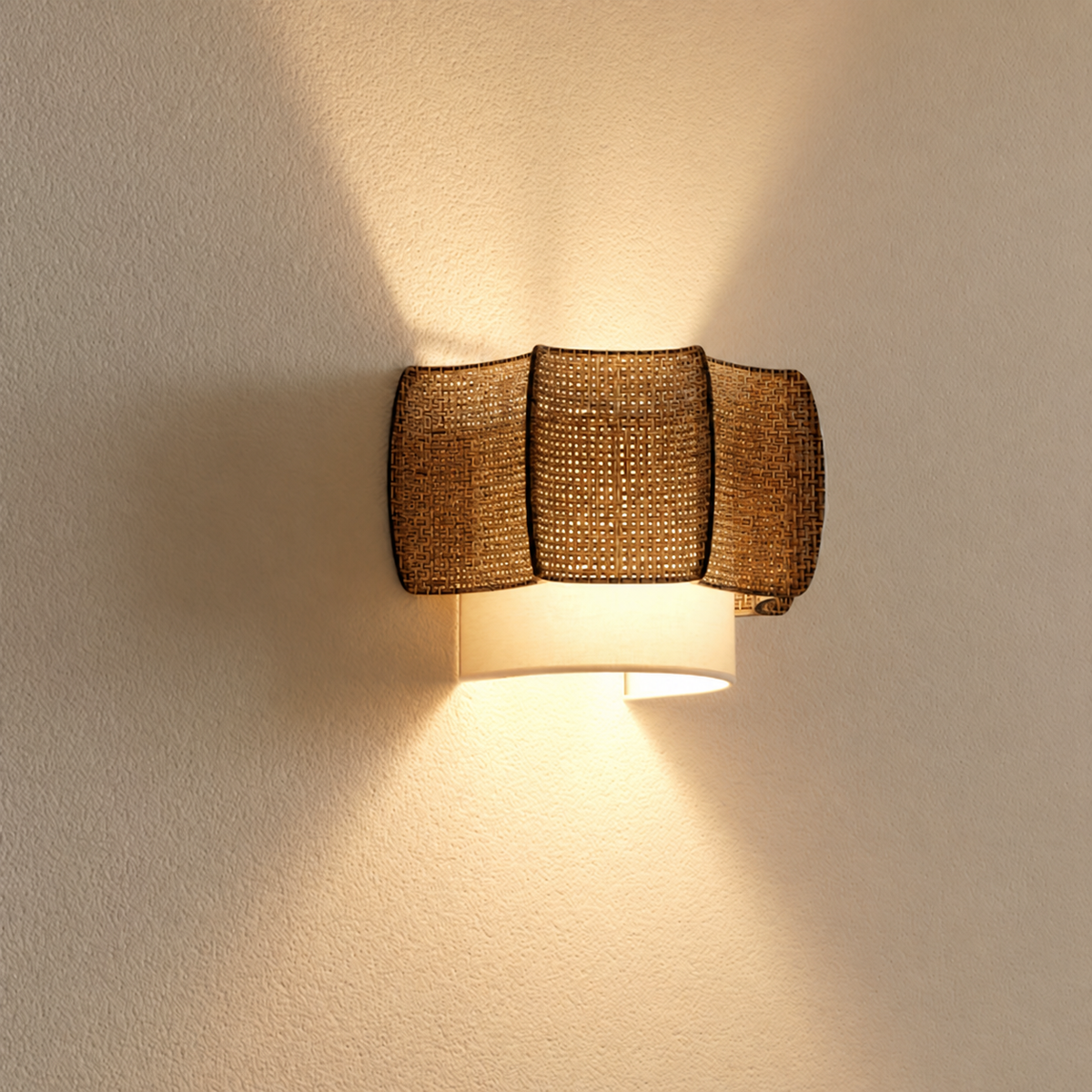 Wall sconce with woven rattan barrel shade and white inner diffuser, warm light