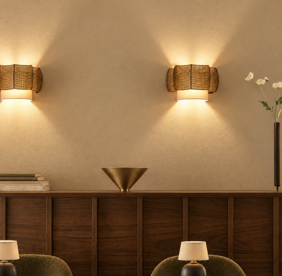 Woven rattan wall sconce with integrated light diffuser, warm glow
