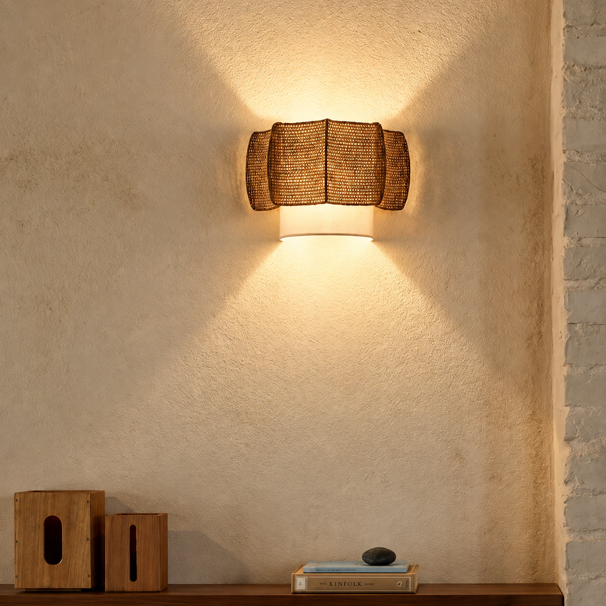 Woven rattan wall sconce with amber woven shades and white inner diffuser