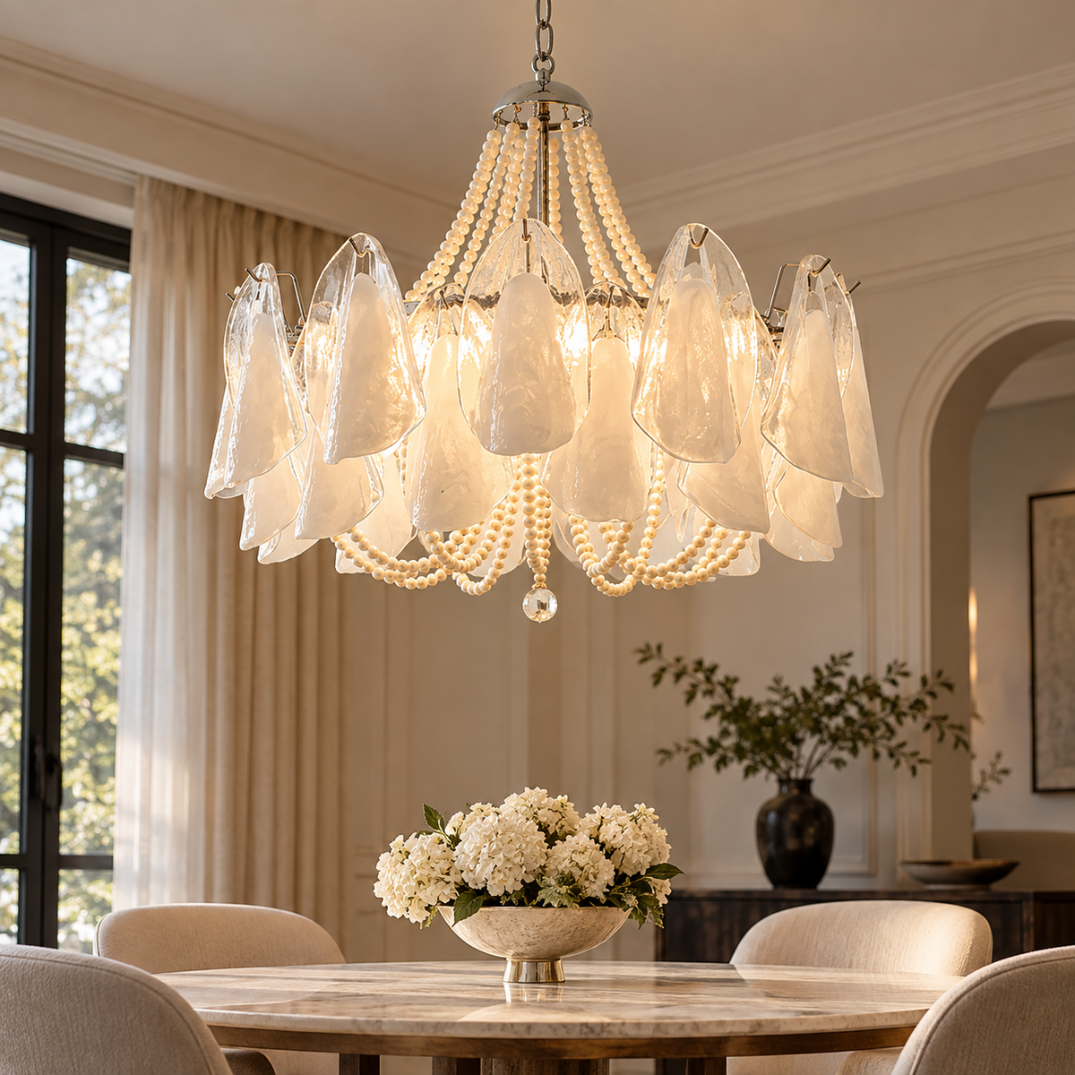 Murano Petal & Pearl chandelier with clear glass petal shades and cascading pearl bead loops