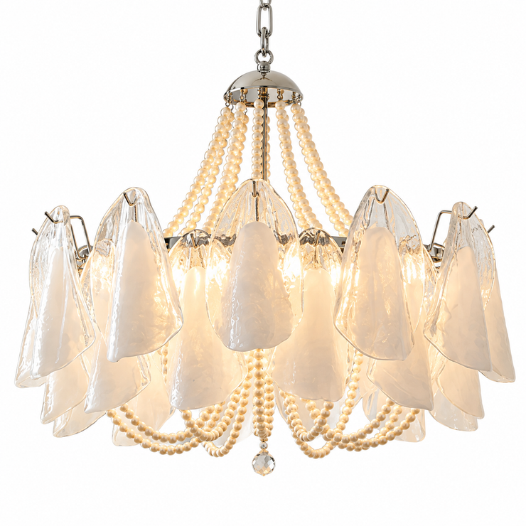 Murano Petal & Pearl chandelier with clear glass petal shades and pearl bead strands