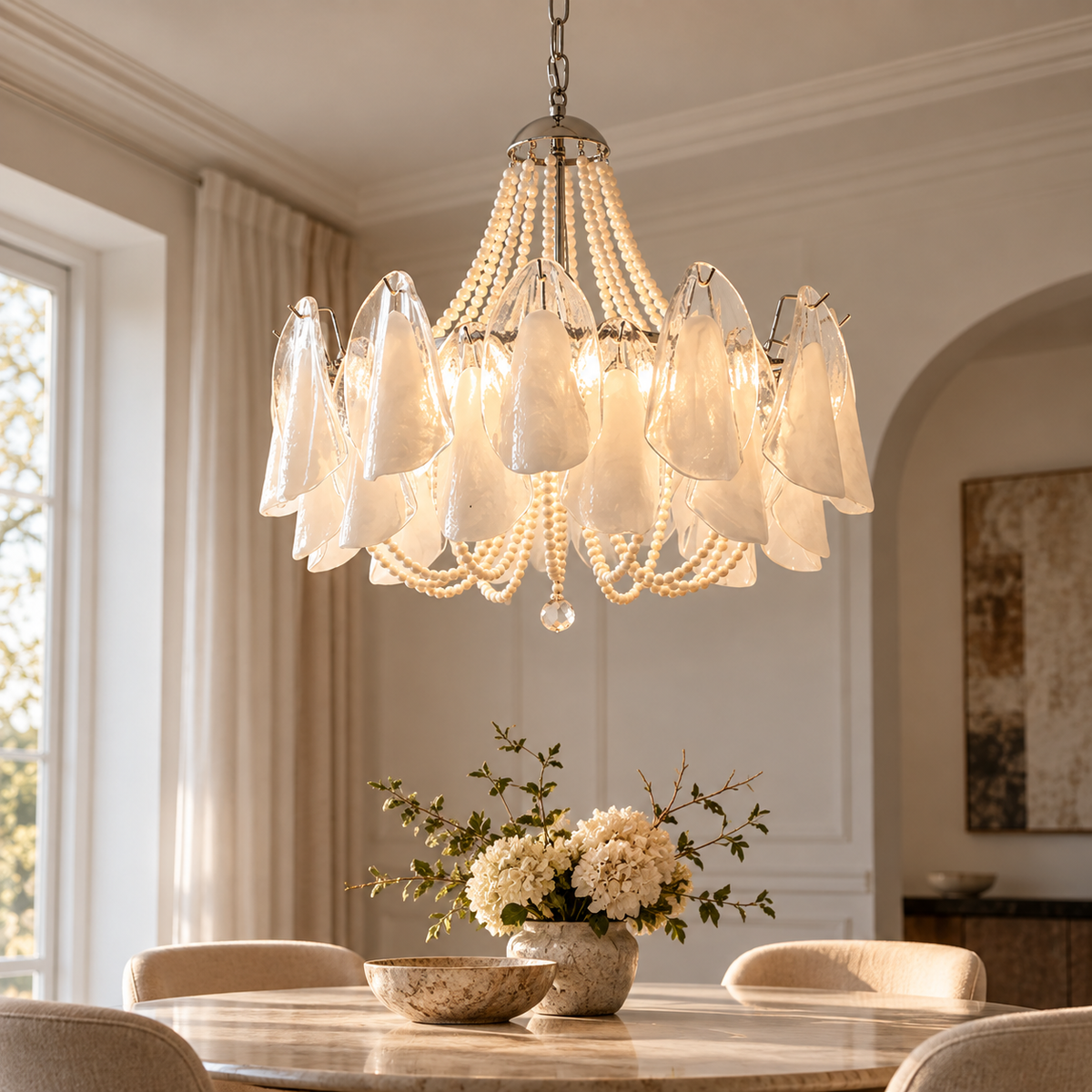 Murano Petal & Pearl chandelier with clear glass petal shades and looping pearl bead strings