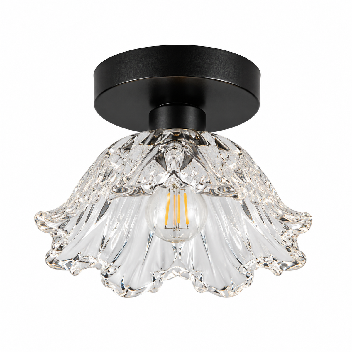 Semi-flush ceiling light with clear petal glass shade and black metal canopy