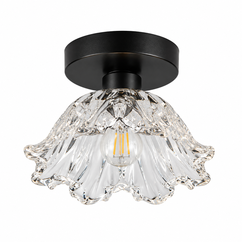 Semi-flush ceiling light with clear petal glass shade and black metal canopy