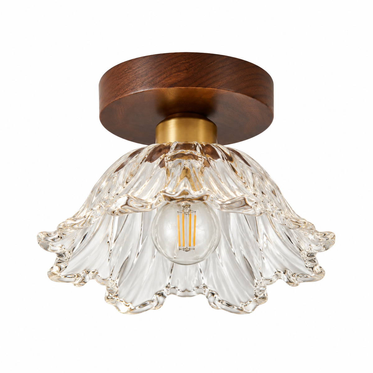 Semi-flush ceiling light with clear petal glass shade and walnut wood-style canopy