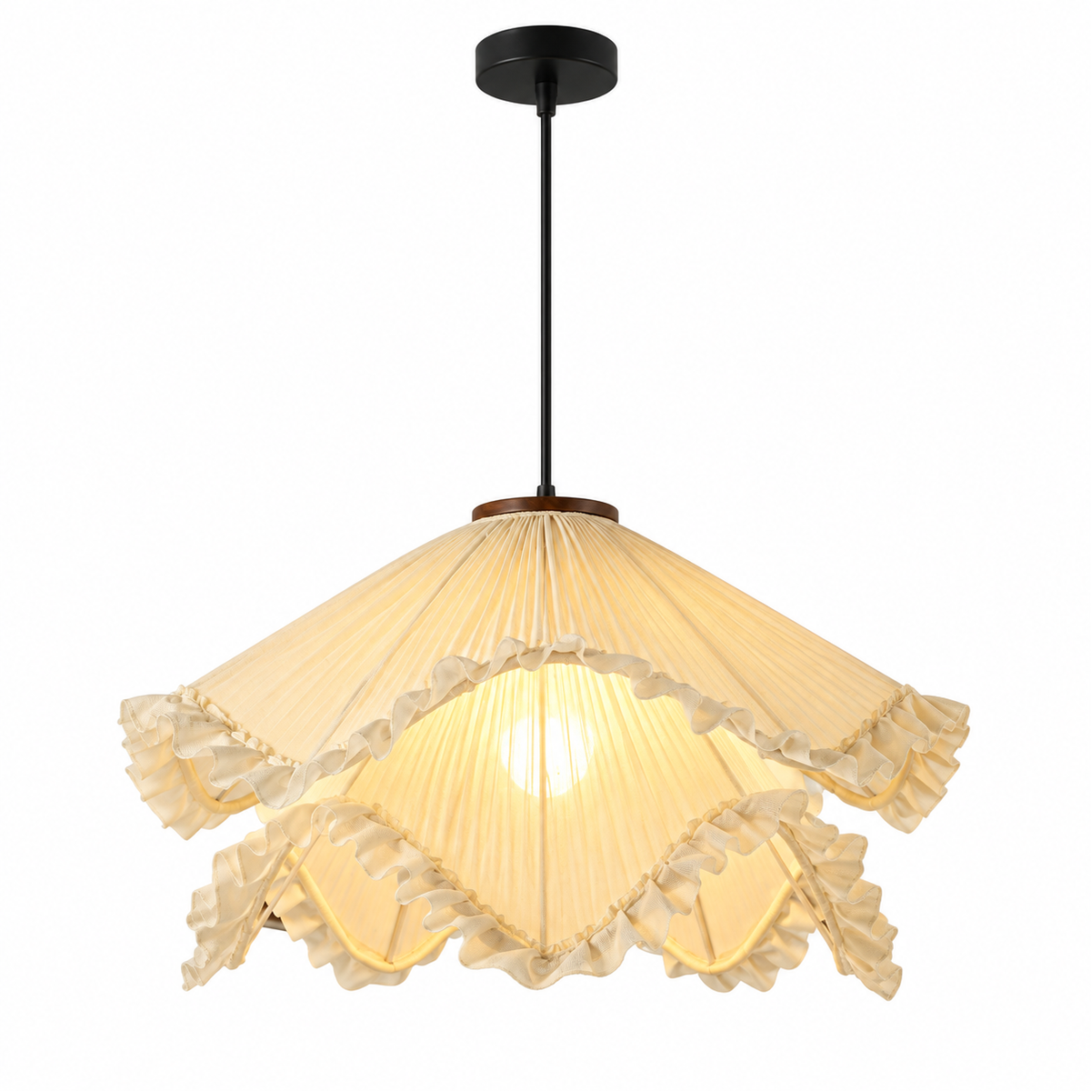Cream pleated fabric pendant light with ruffled trim and black ceiling canopy