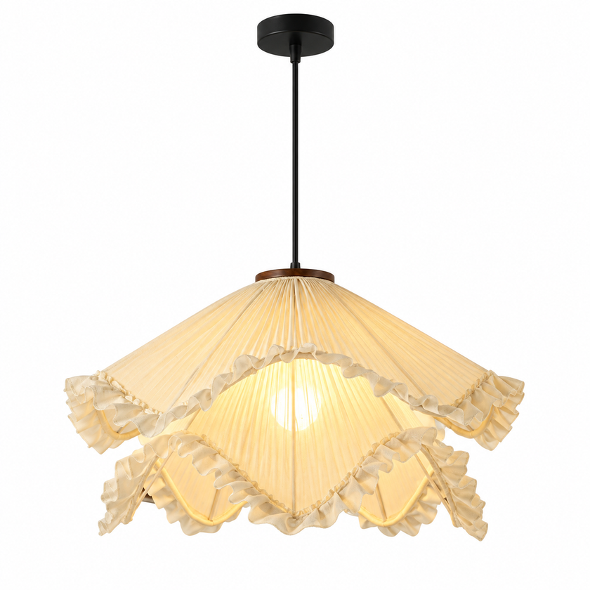 Cream pleated fabric pendant light with ruffled trim and black ceiling canopy