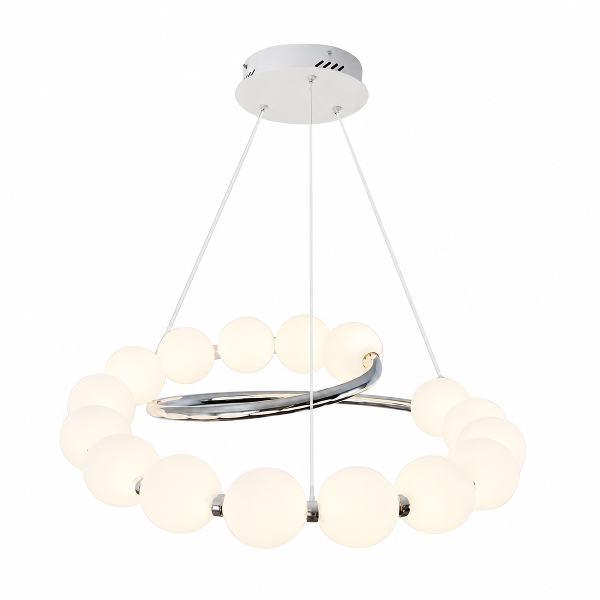 Pearl chandelier with chrome spiral ring and soft cream glass globe shades