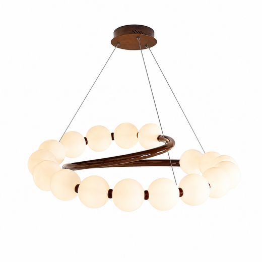 Spiral pearl chandelier with round frosted globe shades and dark wood bar frame