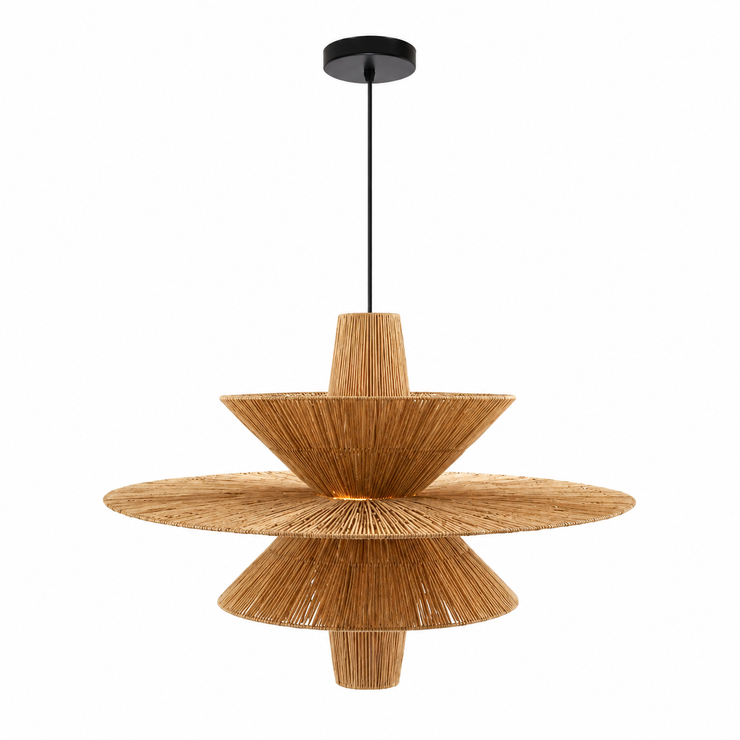Raffia tiered disc pendant light with dark canopy and layered straw shade
