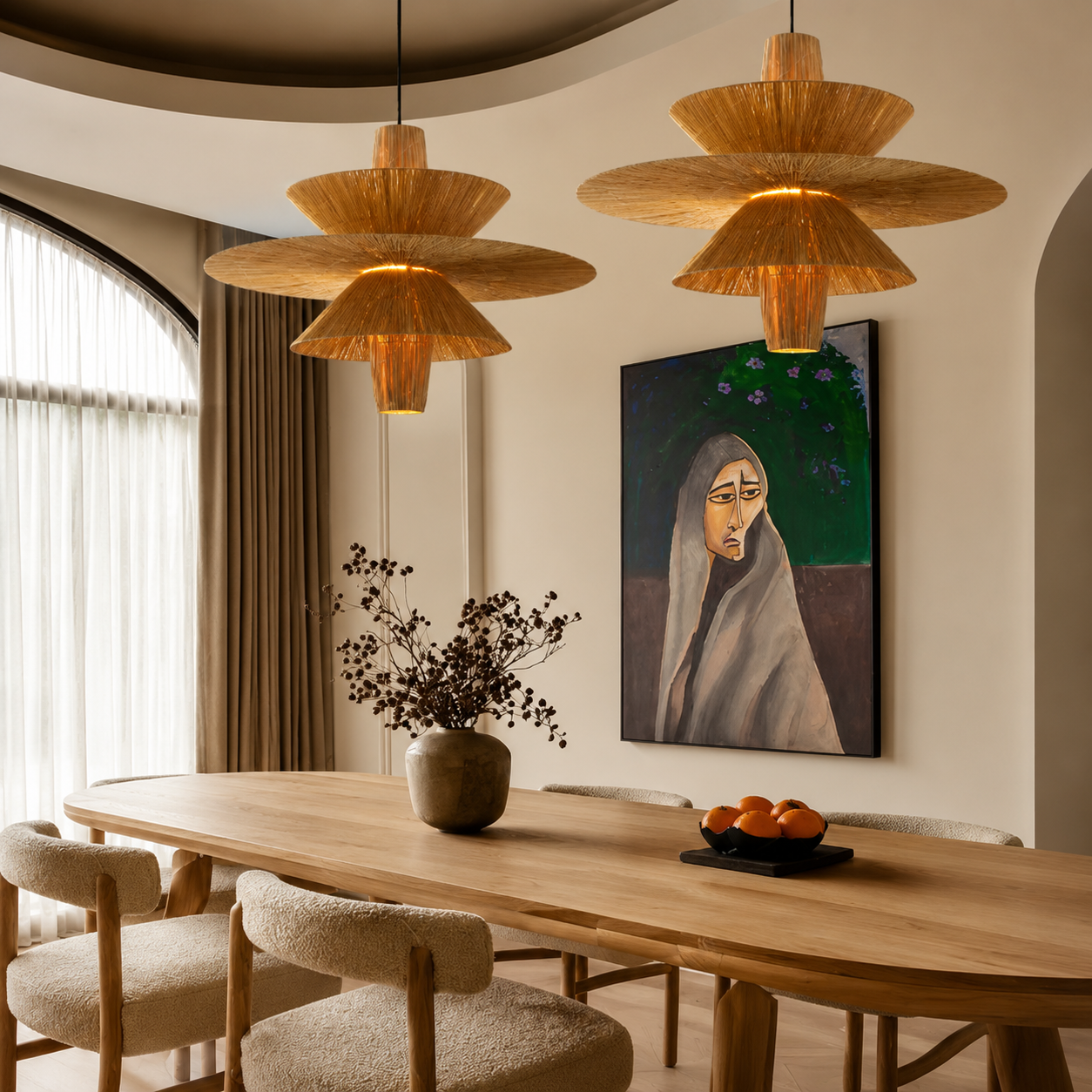 Raffia Tiered Disc Pendant Light