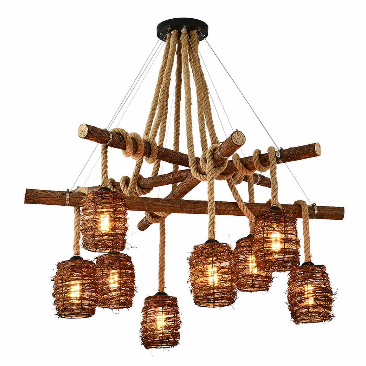 Rattan cluster pendant light with 8 woven rattan shades and black ceiling canopy.