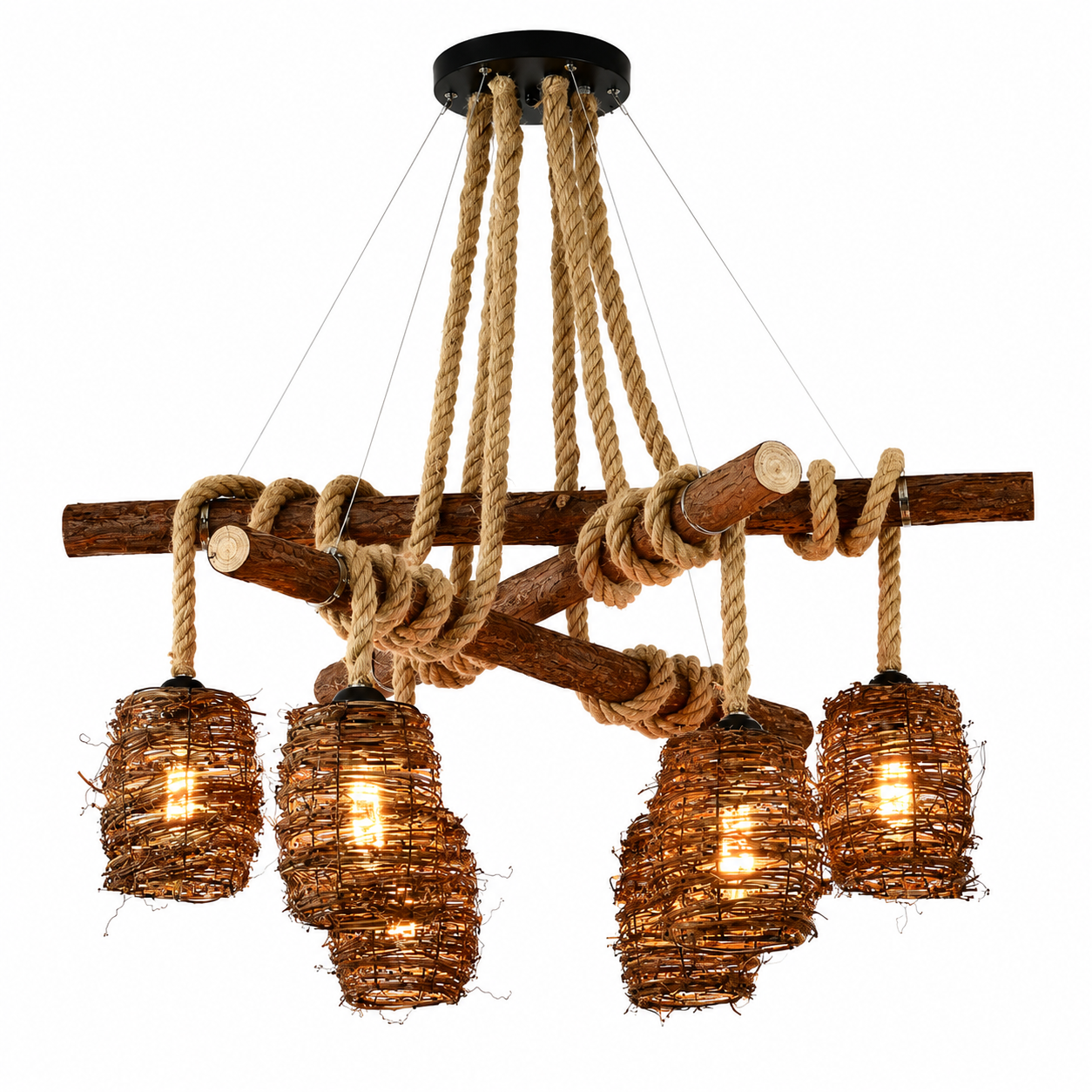 Rattan cluster pendant light with 6 woven rattan shades on braided rope cords.