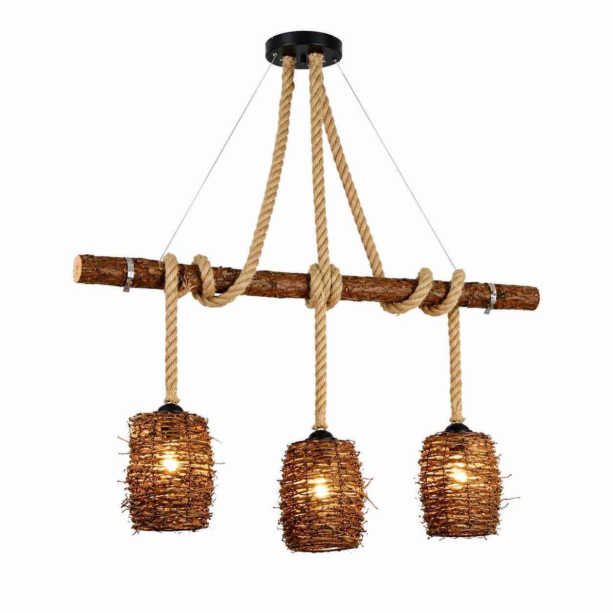 Rattan cluster pendant light with 3 woven rattan shades and braided suspension cords.