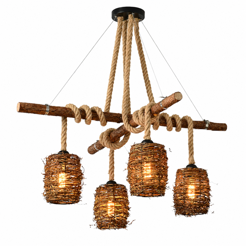 Rattan cluster pendant light with 4 woven rattan shades and braided rope frame.