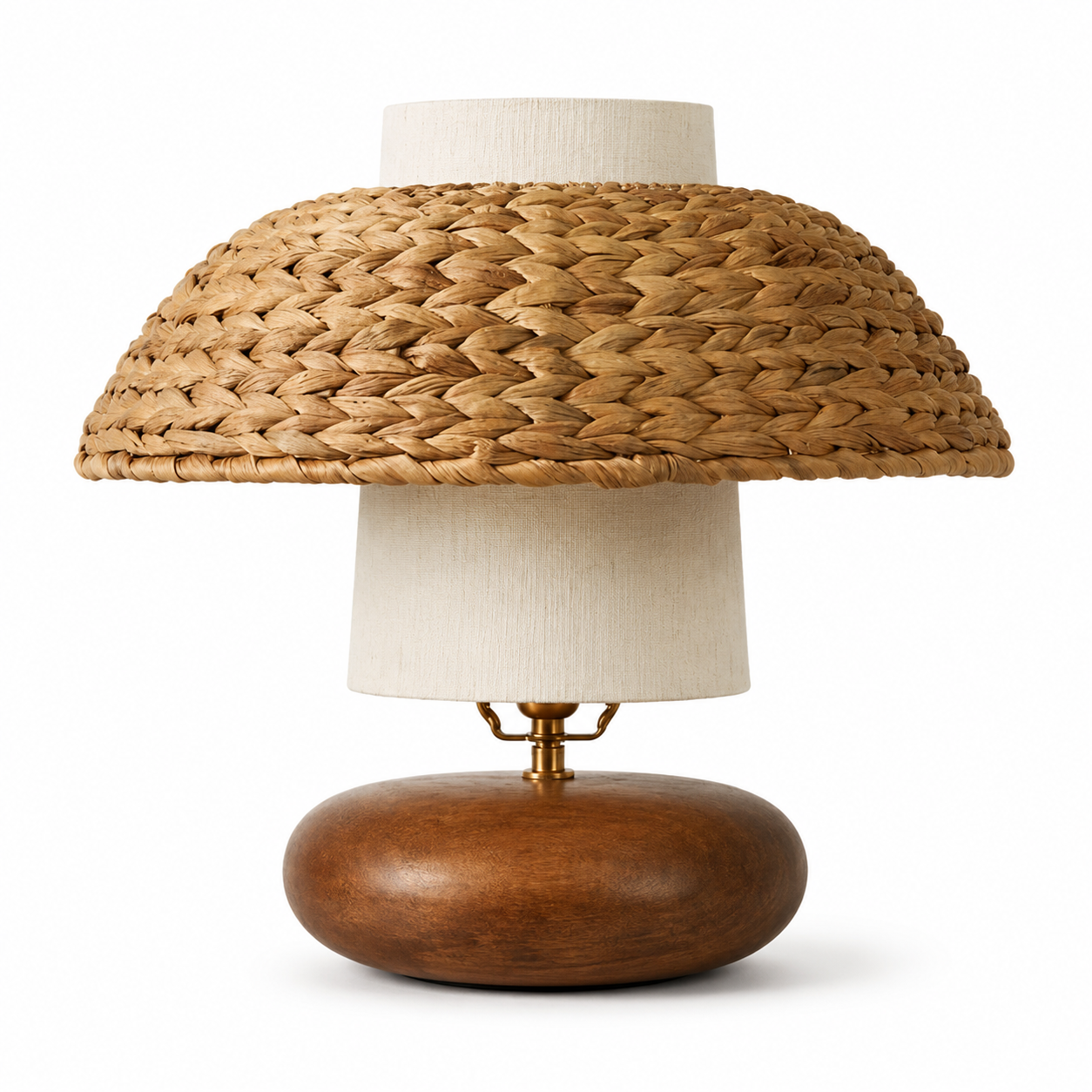 Rattan dome table lamp with off-white fabric shade and dark walnut base