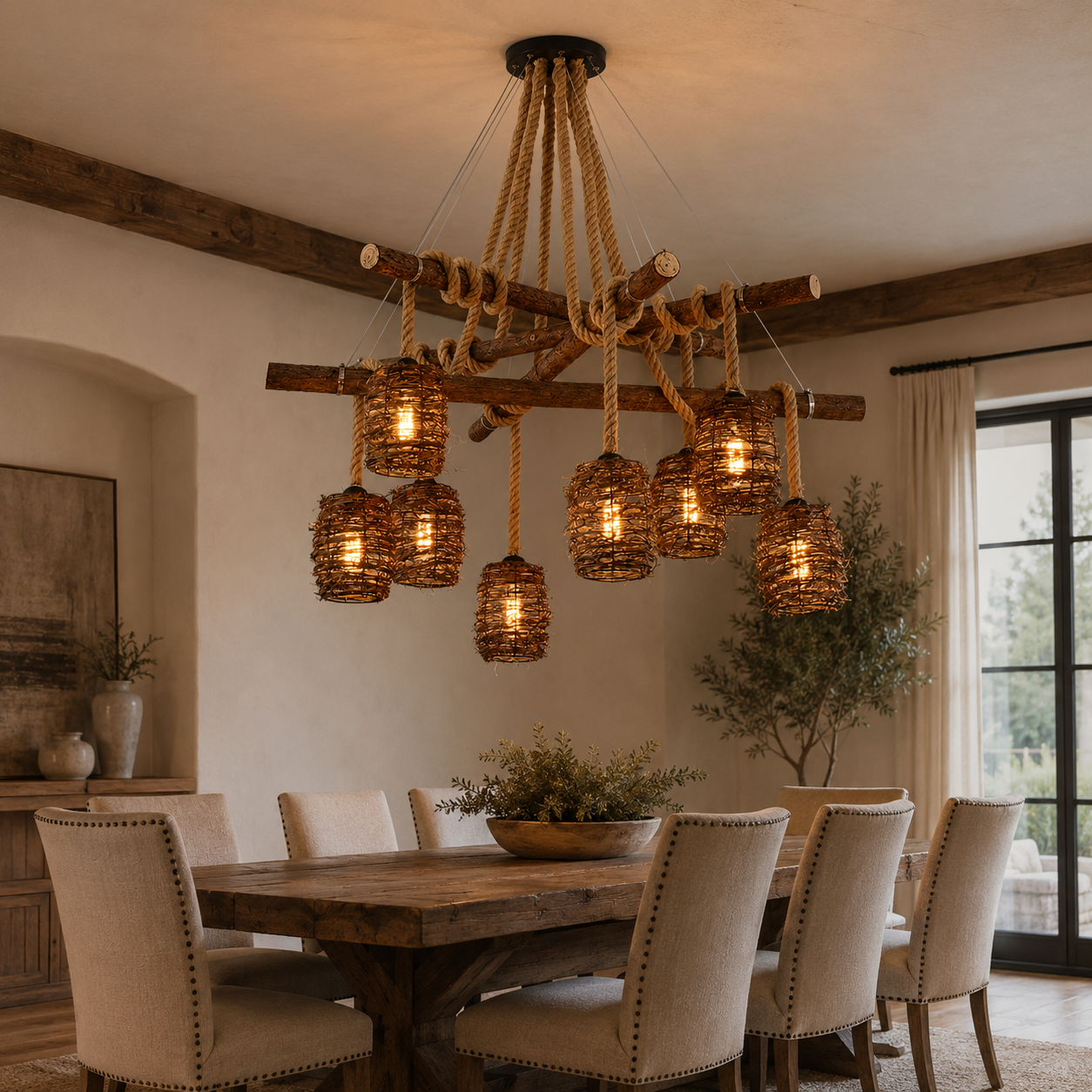 Rattan cluster pendant light with eight woven globe shades and a rope-suspended frame.