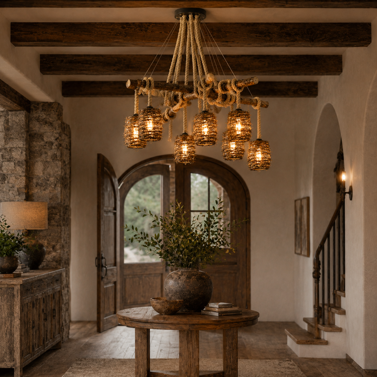 Rattan cluster pendant light with six woven globe shades suspended from braided cords.