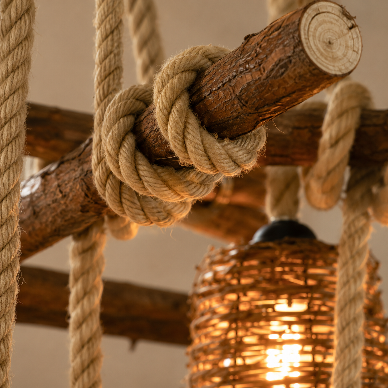 Woven rope and rattan crossbar detail with a glowing rattan globe pendant shade.