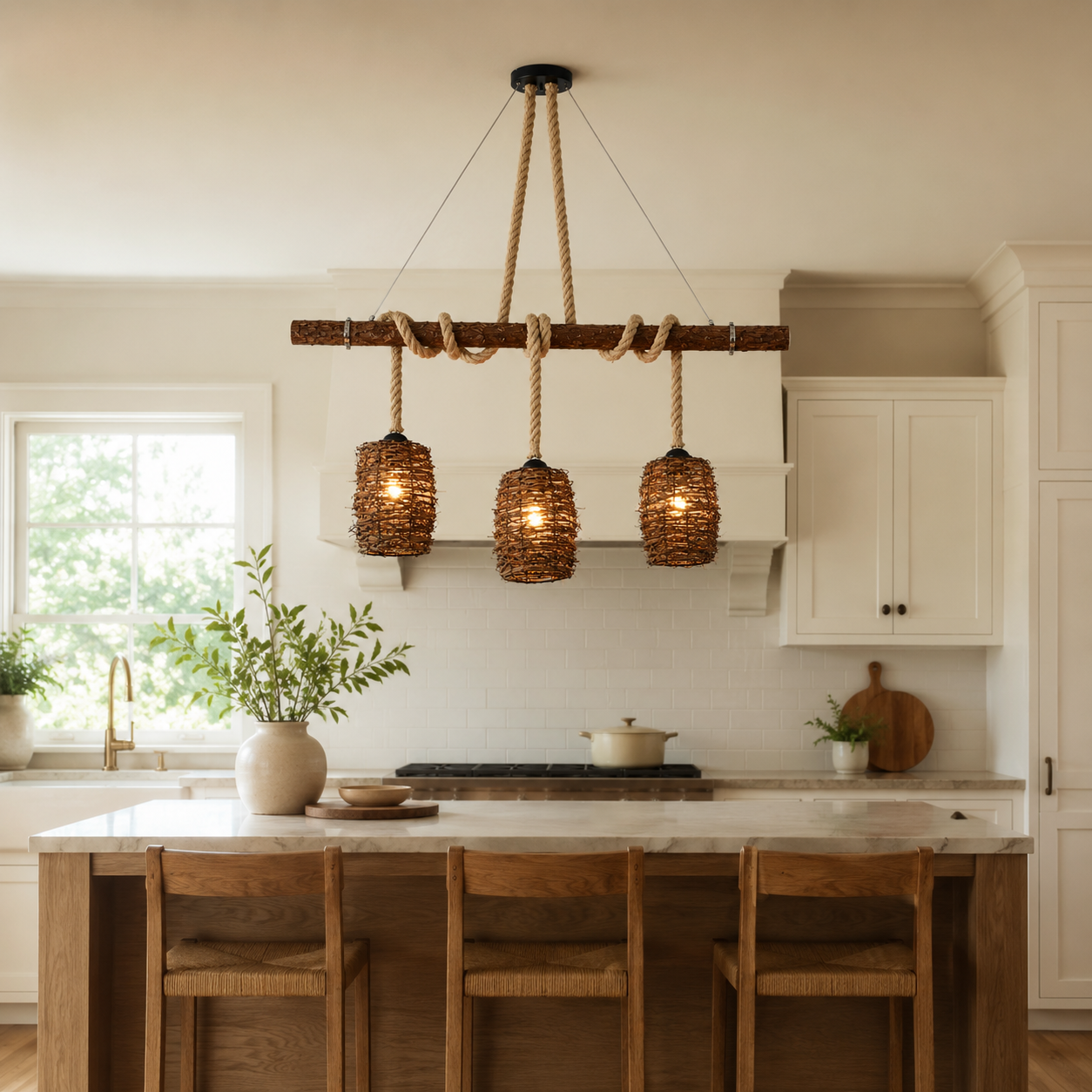 Three-head rattan cluster pendant light with woven globe shades and rope pulls.