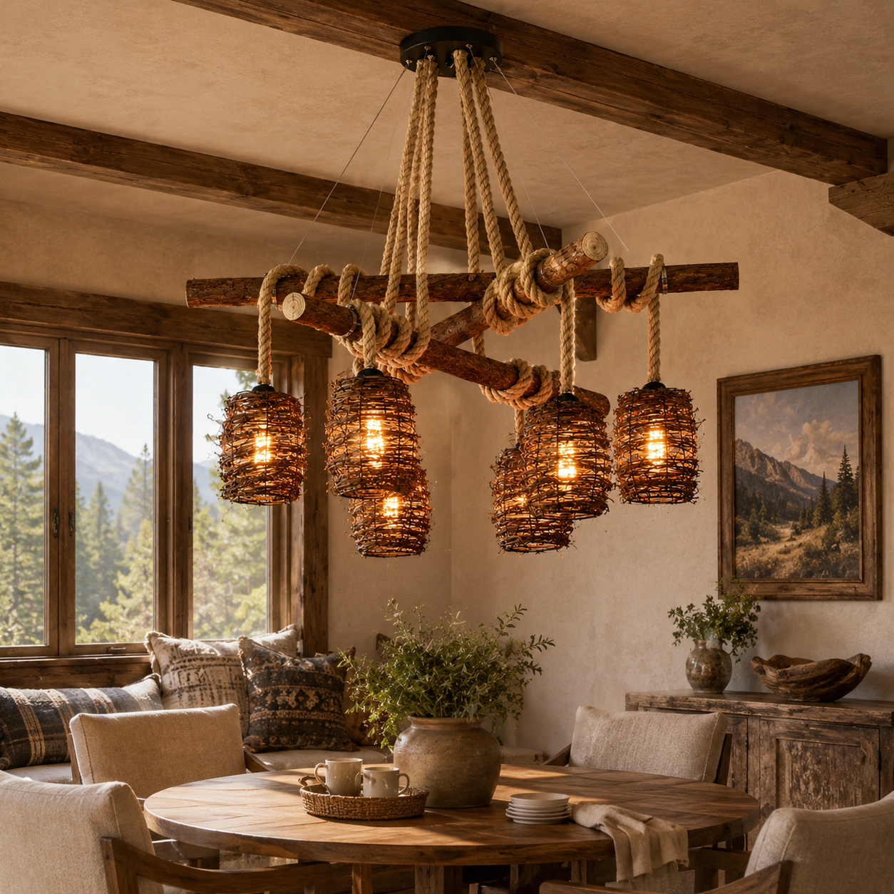 Rattan cluster pendant light with six woven globe shades, rope cords, and crossbar.