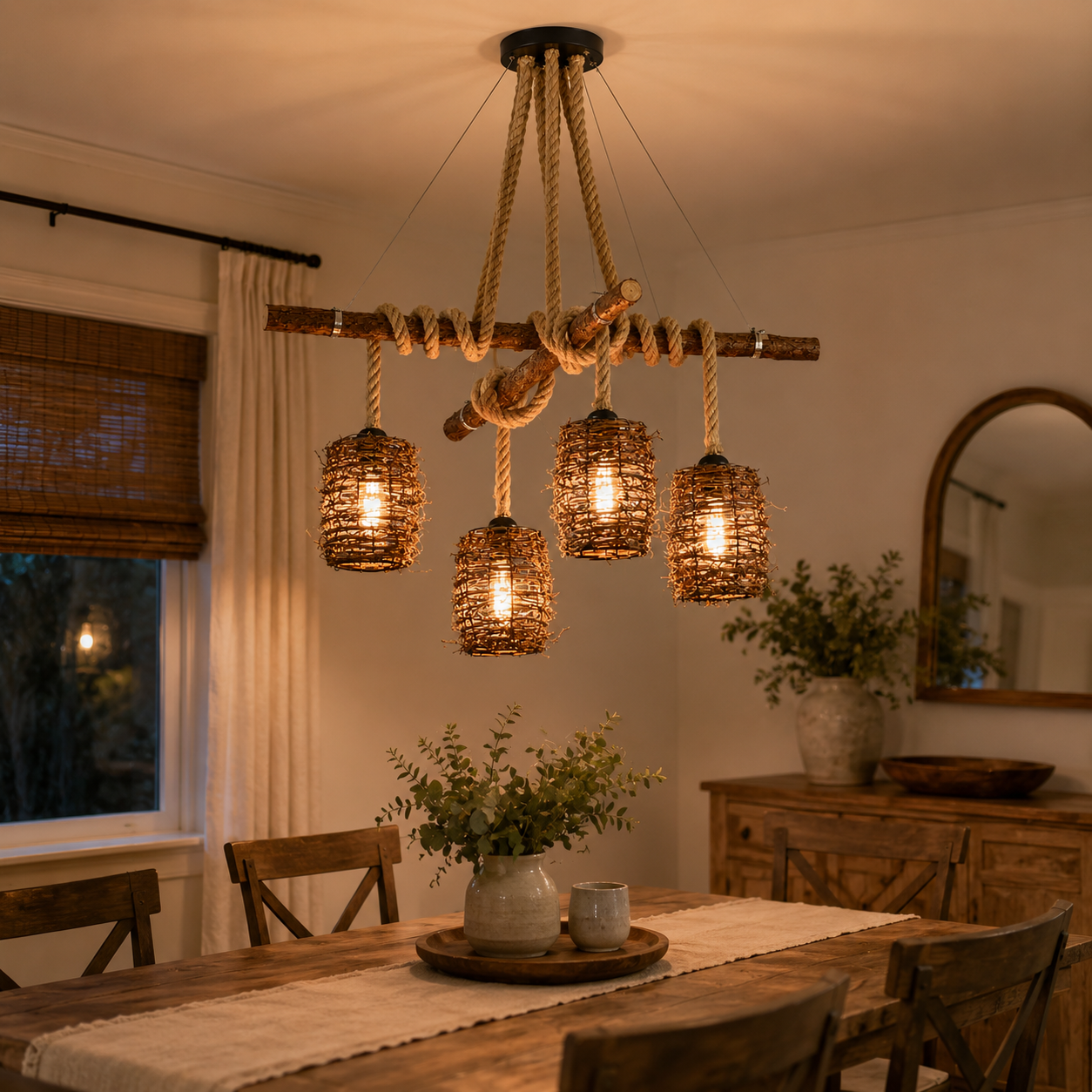 Rattan cluster pendant light with six woven globe shades hanging from braided cords.