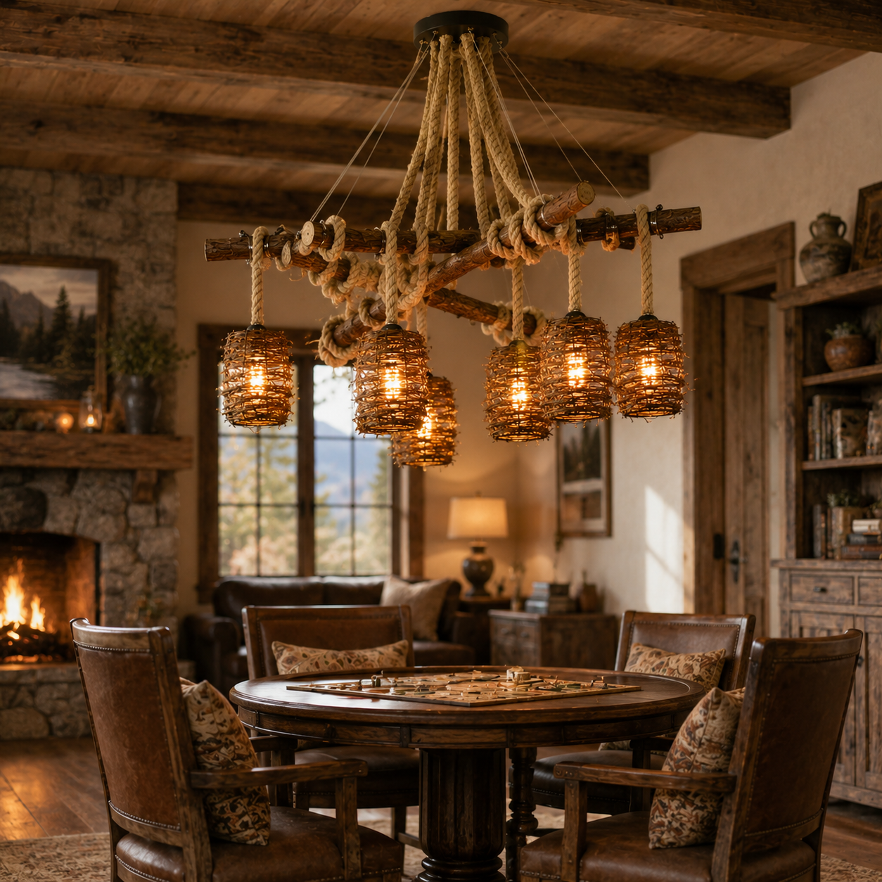 Rattan cluster pendant light with multiple woven globe shades and braided rope cords.