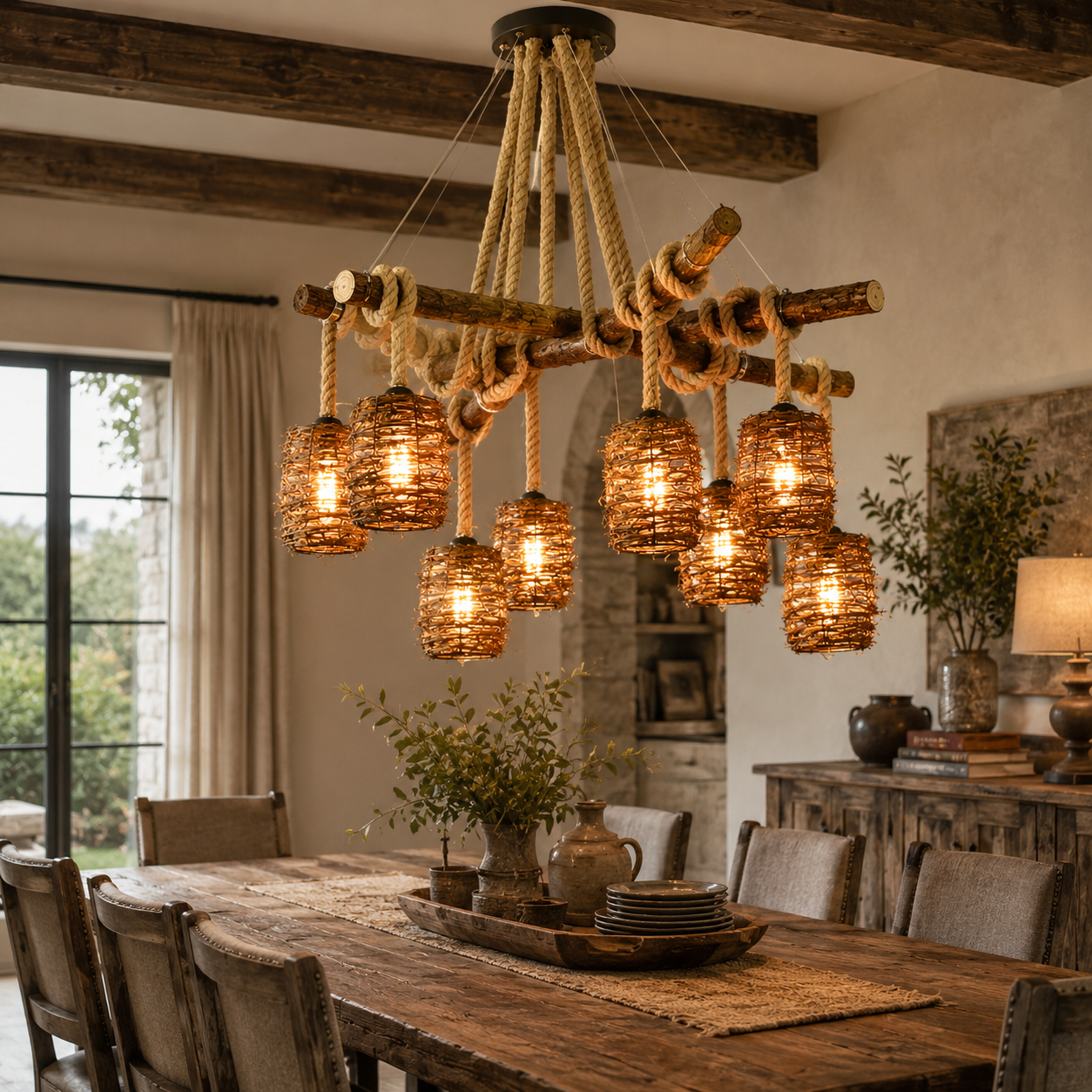 Rattan cluster pendant light with multiple woven glass shade bulbs