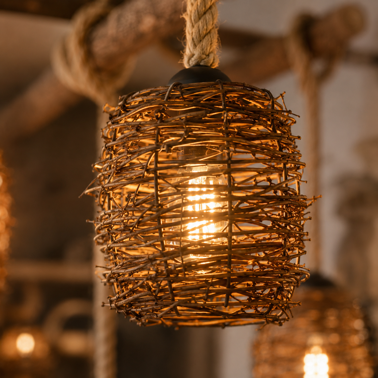 Close-up of a woven rattan globe pendant shade with warm glowing interior bulb.