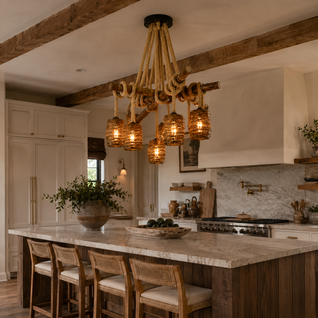 Four-bulb rattan cluster pendant light with woven globe shades and braided cords.