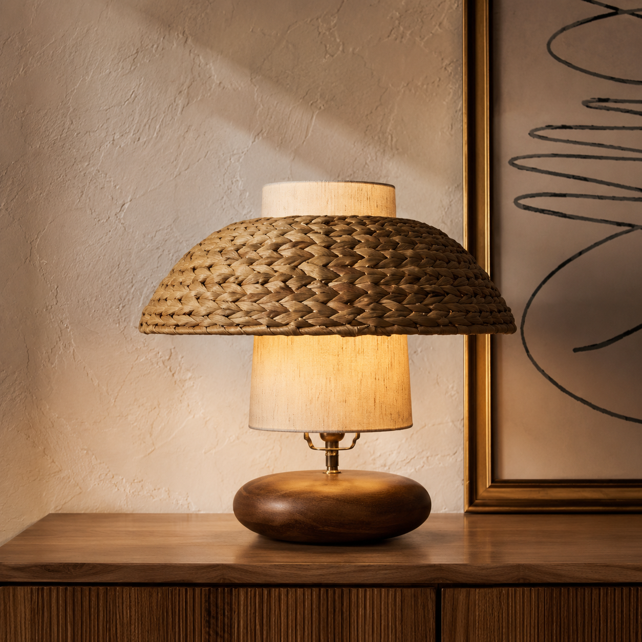Rattan Dome Walnut Table Lamp styled in a warm natural interior