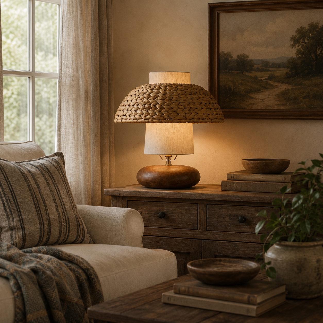 Rattan dome table lamp with woven shade and off-white fabric inner diffuser