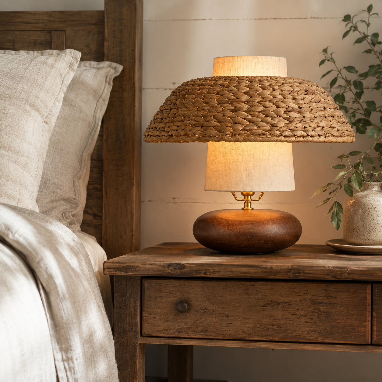 Rattan dome table lamp on rustic wood nightstand with off-white fabric shade