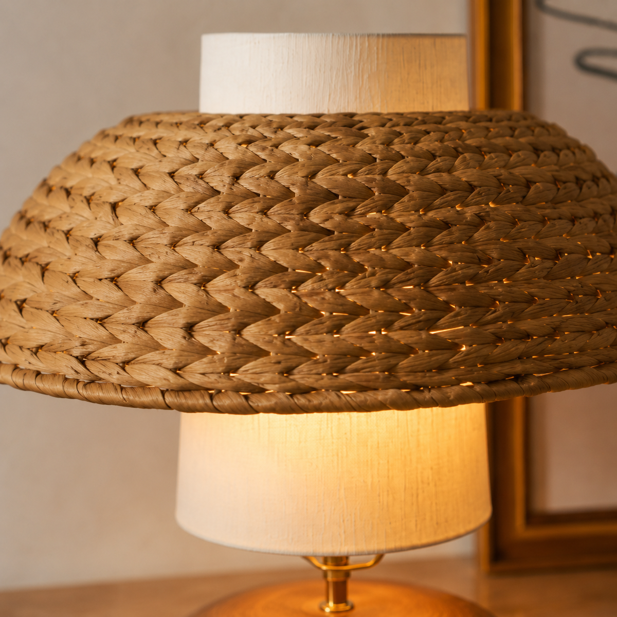 Finished craftsmanship detail of Rattan Dome Walnut Table Lamp