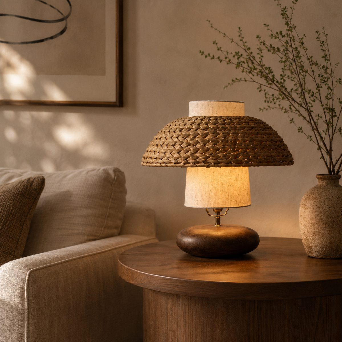 Form and silhouette detail of Rattan Dome Walnut Table Lamp