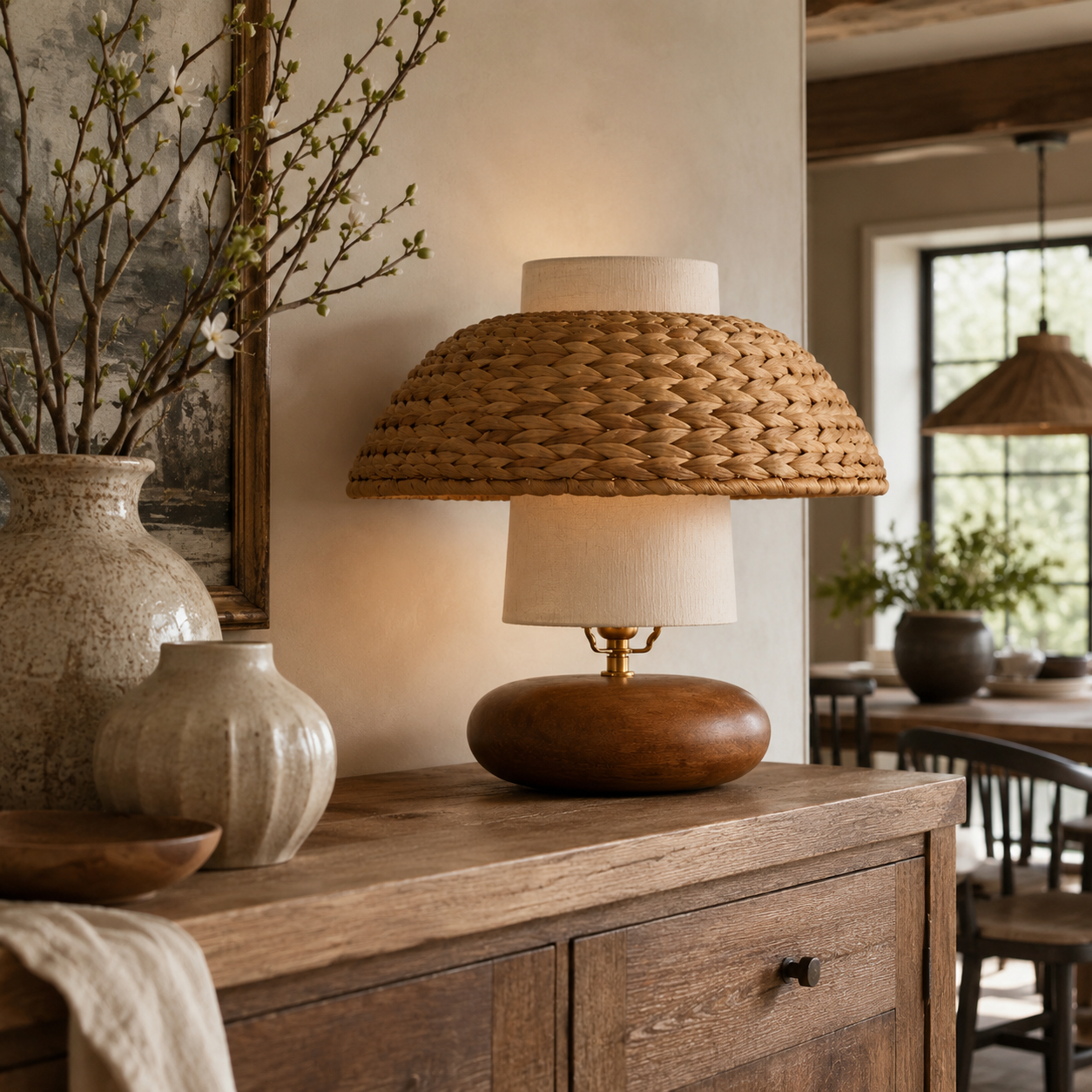 Rattan dome table lamp with white shade and walnut base