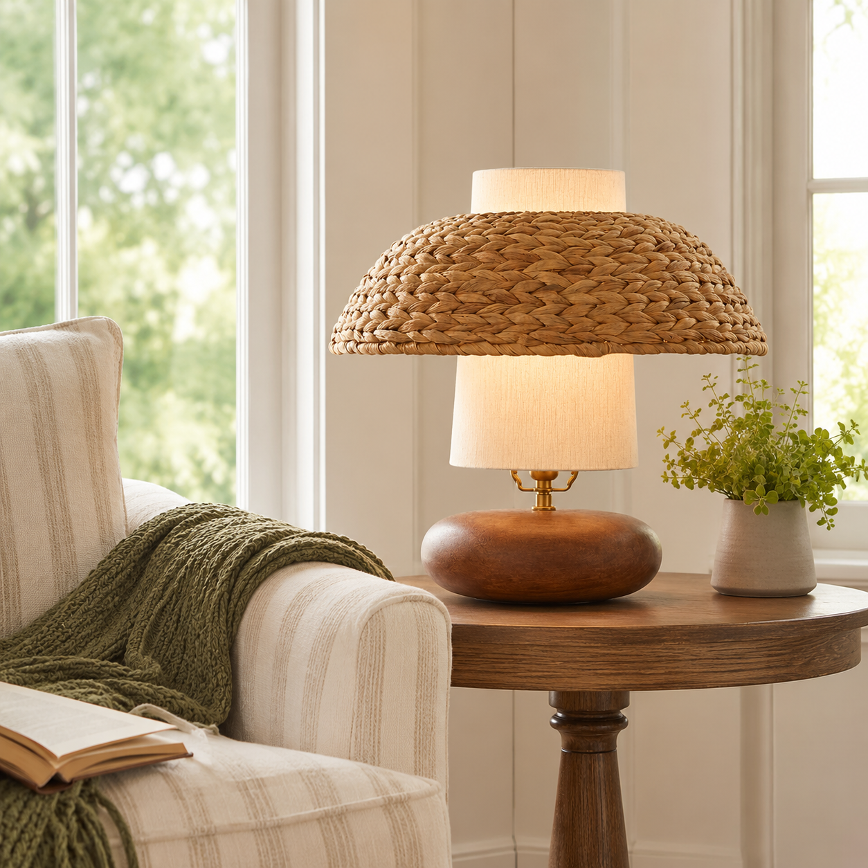 Rattan dome table lamp on wooden side table with off-white fabric shade