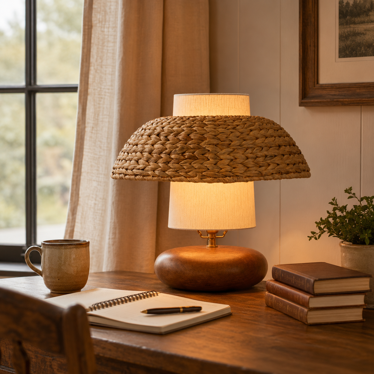 Rattan dome table lamp with woven shade, fabric inner diffuser, walnut base