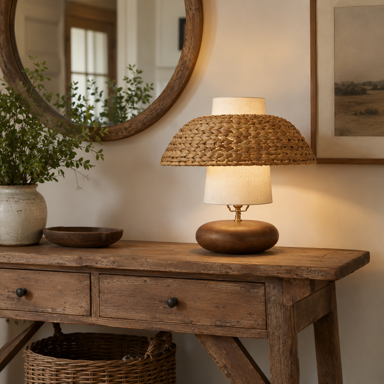 Rattan dome table lamp with woven shade and off-white fabric inner shade