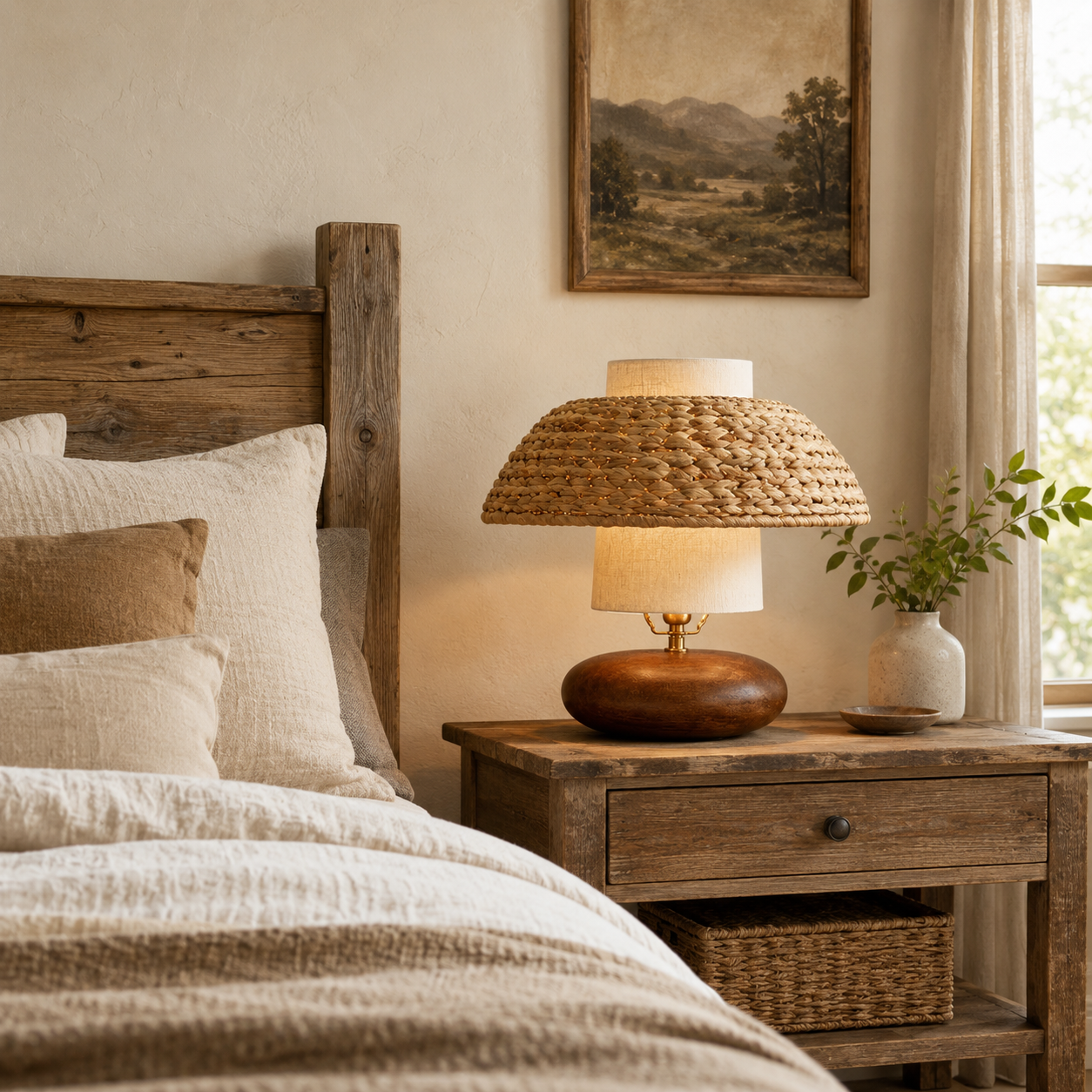 Rattan dome table lamp beside bed on wooden dresser with off-white fabric shade