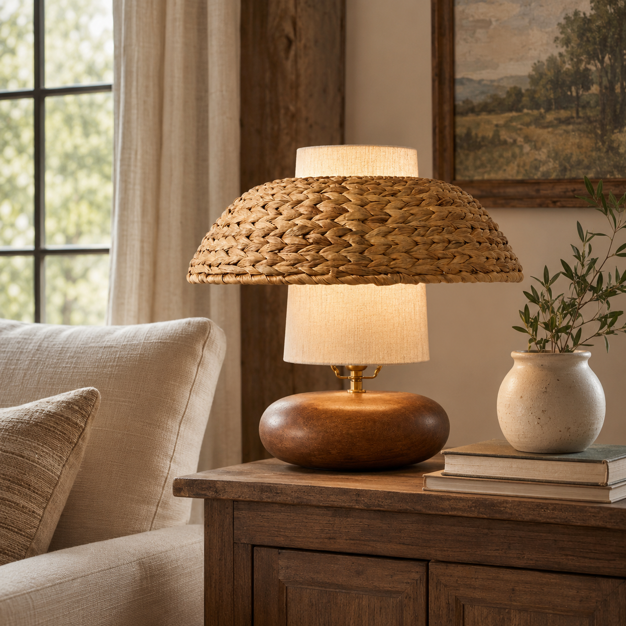 Rattan dome table lamp with off-white fabric shades and dark walnut base