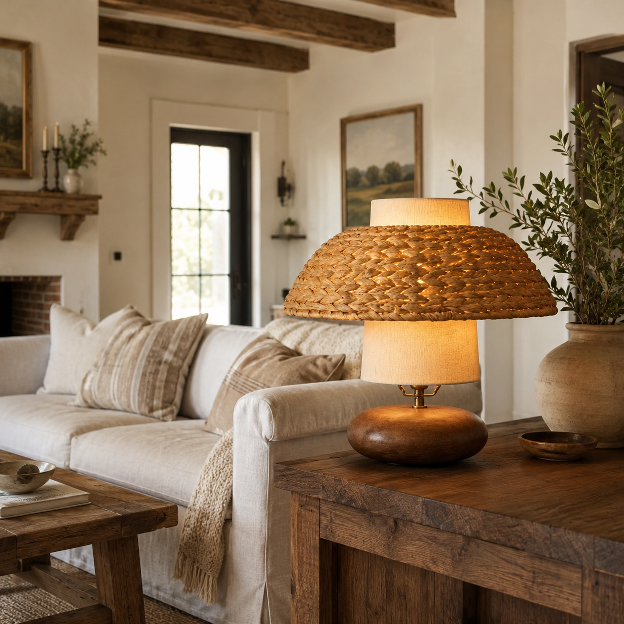 Rattan dome table lamp with woven cap shade and off-white fabric inner shade